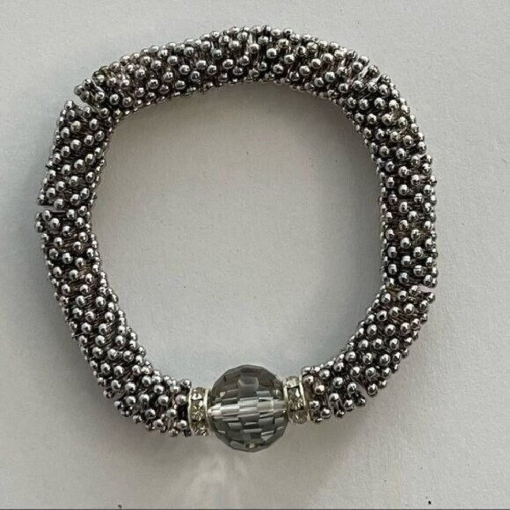 Silver Tone Bracelet with one Gray Stone and Small White Rhinestones Stretchy
